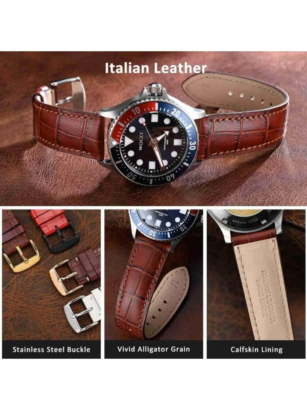 Elegant 20mm Italian Leather Watch Band, Embossed Alligator Grain, Gold Buckle